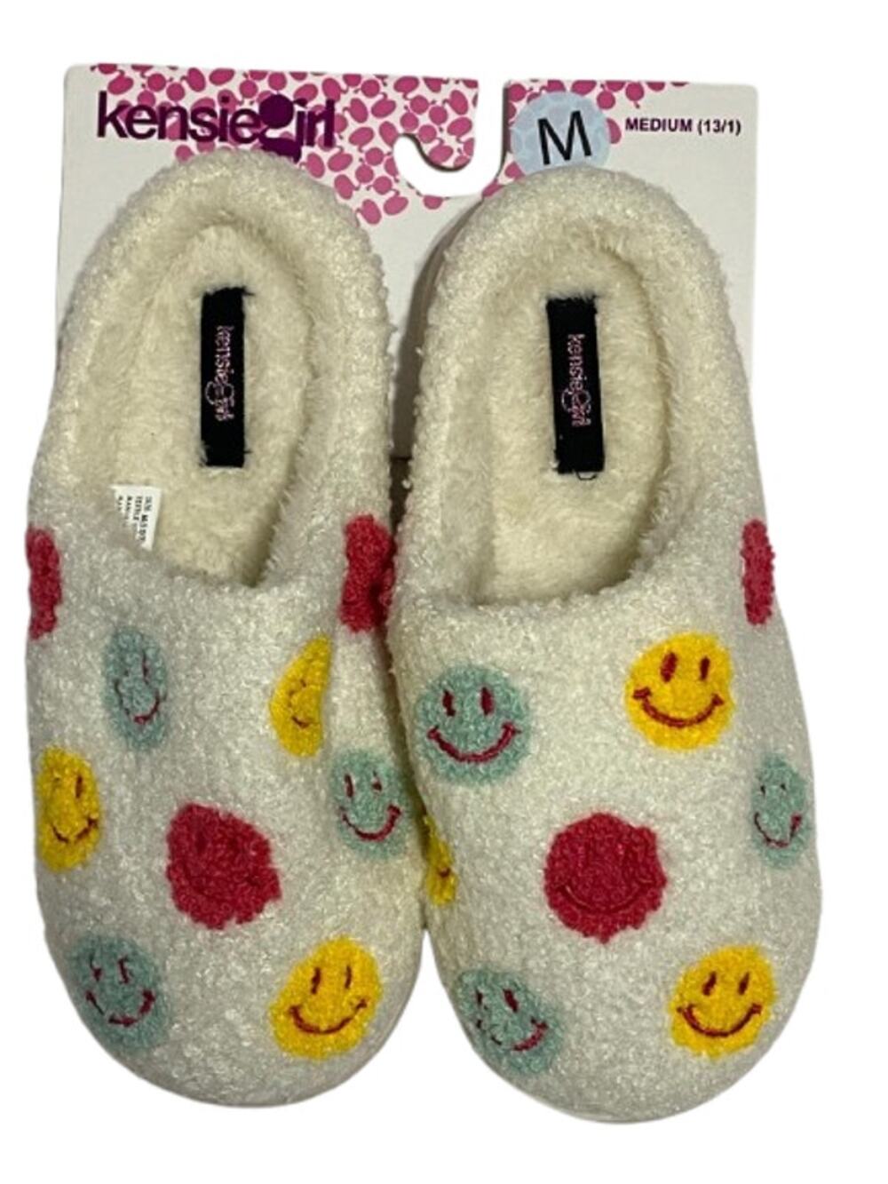 Kensie Girls Smiley Face Fuzzy Slippers Kids Size M 13 1 Cozy House Shoes New